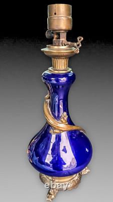 Lampe Porcelaine Bleue Cobalt Salamandre Bronze Napoleon III Oil Lamp Blue