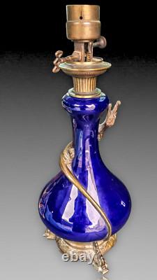 Lampe Porcelaine Bleue Cobalt Salamandre Bronze Napoleon III Oil Lamp Blue