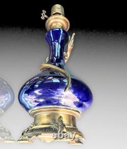 Lampe Porcelaine Bleue Cobalt Salamandre Bronze Napoleon III Oil Lamp Blue