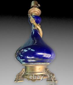 Lampe Porcelaine Bleue Cobalt Salamandre Bronze Napoleon III Oil Lamp Blue