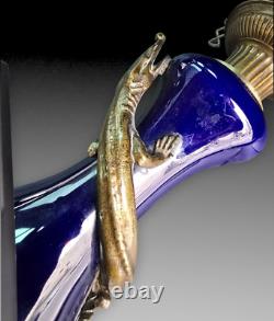 Lampe Porcelaine Bleue Cobalt Salamandre Bronze Napoleon III Oil Lamp Blue