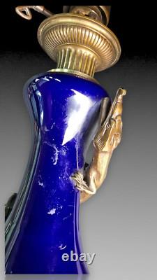 Lampe Porcelaine Bleue Cobalt Salamandre Bronze Napoleon III Oil Lamp Blue