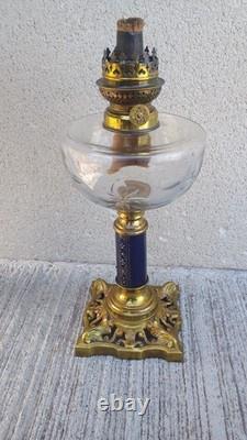 Lampe à pétrole bronze & faïence bleu émaillé XIXeme Napoleon III verre