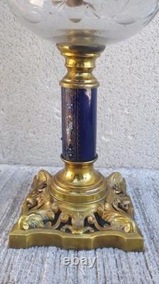 Lampe à pétrole bronze & faïence bleu émaillé XIXeme Napoleon III verre