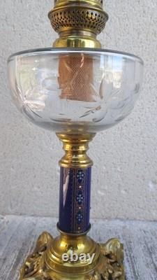 Lampe à pétrole bronze & faïence bleu émaillé XIXeme Napoleon III verre