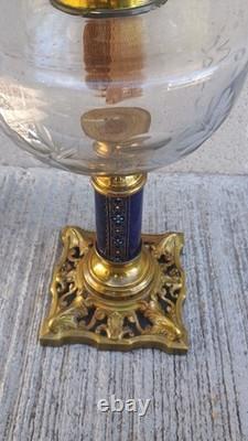 Lampe à pétrole bronze & faïence bleu émaillé XIXeme Napoleon III verre