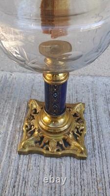 Lampe à pétrole bronze & faïence bleu émaillé XIXeme Napoleon III verre
