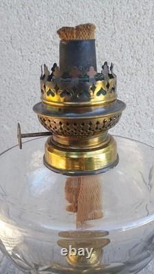 Lampe à pétrole bronze & faïence bleu émaillé XIXeme Napoleon III verre