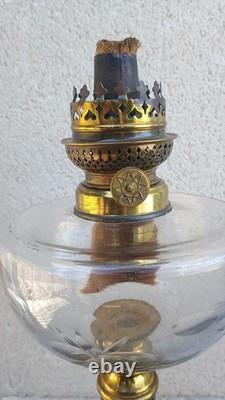 Lampe à pétrole bronze & faïence bleu émaillé XIXeme Napoleon III verre