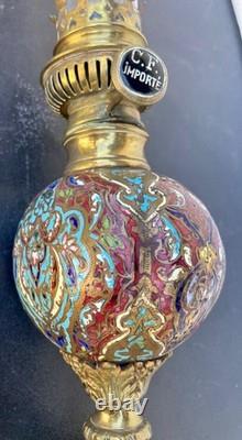 Lampe à pétrole en bronze et émail cloisonné ancien avec sa verrerie