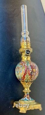 Lampe à pétrole en bronze et émail cloisonné ancien avec sa verrerie