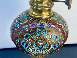 Lampe à pétrole en bronze et émail cloisonné ancien avec sa verrerie