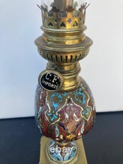 Lampe à pétrole en bronze et émail cloisonné ancien avec sa verrerie