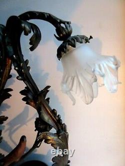 Lampe ancienne Napoléon III à 2 feux, bronze sculpté d'acanthes, oiseau et nid