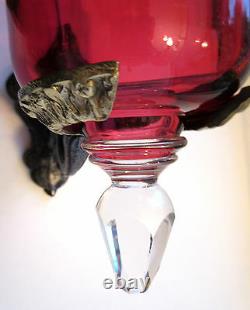 Lampe, veilleuse d'autel grand verre cristal rouge, support mural fonte & bronze