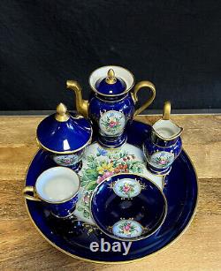 Limoges Pallas Service égoïste à thé ou café en porcelaine bleu cobalt et or