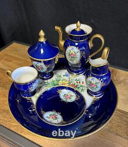 Limoges Pallas Service égoïste à thé ou café en porcelaine bleu cobalt et or