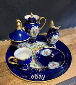 Limoges Pallas Service égoïste à thé ou café en porcelaine bleu cobalt et or