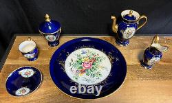 Limoges Pallas Service égoïste à thé ou café en porcelaine bleu cobalt et or