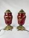 Lot De 2 Anciens Pieds De Lampes En Faïence Rouge Et Bronze Doré Napoléon Iii