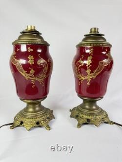 Lot De 2 Anciens Pieds De lampes En faïence Rouge Et bronze doré Napoléon III