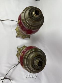 Lot De 2 Anciens Pieds De lampes En faïence Rouge Et bronze doré Napoléon III