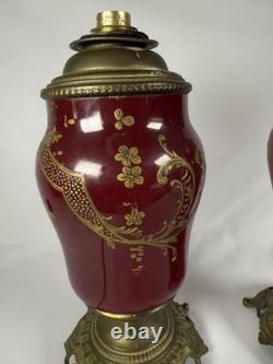 Lot De 2 Anciens Pieds De lampes En faïence Rouge Et bronze doré Napoléon III