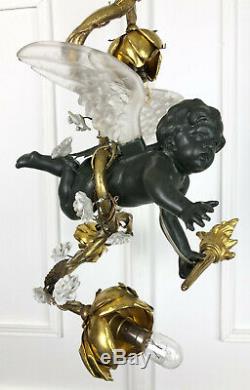 Lustre Angelot D'époque Napoléon III Orné De Bronze Et Ailes En Cristal