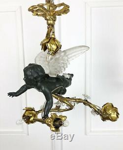 Lustre Angelot D'époque Napoléon III Orné De Bronze Et Ailes En Cristal
