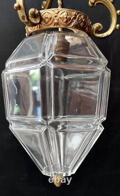 Lustre Lanterne Cristal Epais Ovoide A Facettes Monture Bronze Napoleon III