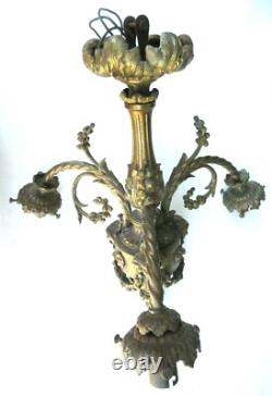 Lustre bronze Napoléon III 3 feux + 3 Roses, guirlandes, style Louis XV et XVI
