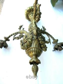 Lustre bronze Napoléon III 3 feux + 3 Roses, guirlandes, style Louis XV et XVI
