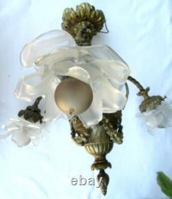 Lustre bronze Napoléon III 3 feux + 3 Roses, guirlandes, style Louis XV et XVI