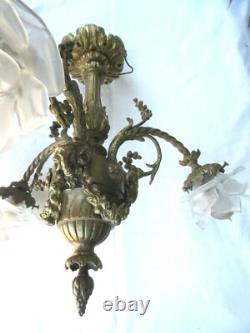 Lustre bronze Napoléon III 3 feux + 3 Roses, guirlandes, style Louis XV et XVI