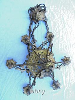Lustre d'église XIXème Renaissance en bronze, chandelier à 6 feux, Napoléon III