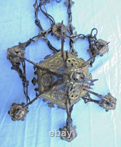 Lustre d'église XIXème Renaissance en bronze, chandelier à 6 feux, Napoléon III