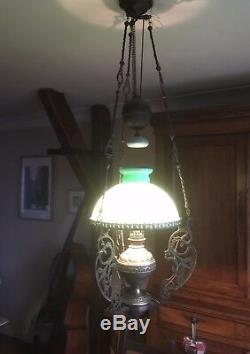 Lustre suspension bronze et laiton Opaline Verte Lampe à pétrole électrifiée