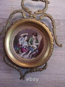 Miniature sur terre cuite, cadre bronze Jeunes mendiants Style NAPOLEON III
