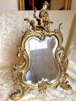 Miroir Chevalet Bronze Style Roccoco Période Napoleon III Orné D'un Chérubin