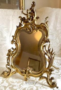 Miroir Chevalet Bronze Style Roccoco Période Napoleon III Orné D'un Chérubin
