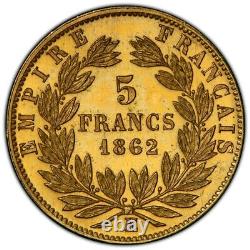 Napoléon III Essai Uniface du Revers 5 Francs or Tête laurée 1862 E PCGS SP65