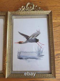 Oiseaux en Aquarelle et Plumes dans Cadre en Bronze Napoléon III à Poser XIXème