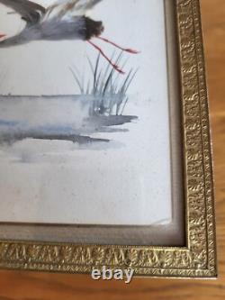 Oiseaux en Aquarelle et Plumes dans Cadre en Bronze Napoléon III à Poser XIXème