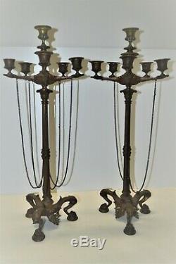 PAIRE GRANDS CANDELABRES BRONZE NAPOLEON III BARBEDIENNE patine médaille FAUNES