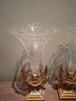 PAIRE VASES CORNET Napoléon III Cristal Gravé /Bronze Doré XIXèmeH. 34 CM