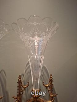PAIRE VASES CORNET Napoléon III Cristal Gravé /Bronze Doré XIXèmeH. 34 CM