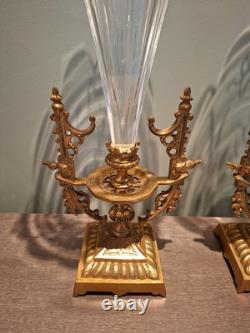 PAIRE VASES CORNET Napoléon III Cristal Gravé /Bronze Doré XIXèmeH. 34 CM