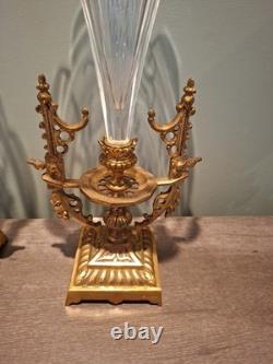 PAIRE VASES CORNET Napoléon III Cristal Gravé /Bronze Doré XIXèmeH. 34 CM