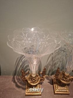 PAIRE VASES CORNET Napoléon III Cristal Gravé /Bronze Doré XIXèmeH. 34 CM