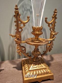 PAIRE VASES CORNET Napoléon III Cristal Gravé /Bronze Doré XIXèmeH. 34 CM